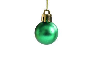 On a white background, a Christmas tree decoration, a green glass ball. Merry Christmas greeting...