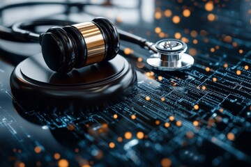 A stethoscope and judge's gavel lie on a digital circuit board, representing the fusion of healthcare, law, and technology in a modern digital context.