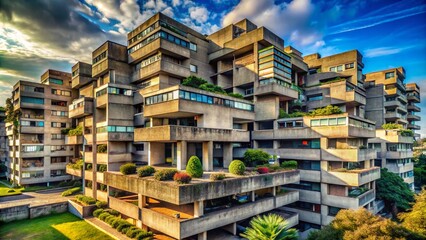 Fototapeta premium Captivating View of a Large Concrete Retro Futuristic Brutalist Apartment Building Set Against an Urban Landscape Showcasing Architectural Design and City Life