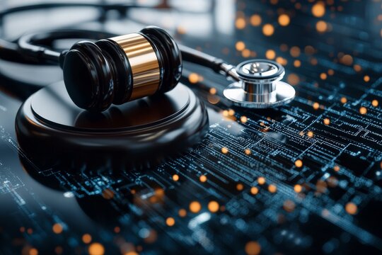 A stethoscope and judge's gavel lie on a digital circuit board, representing the fusion of healthcare, law, and technology in a modern digital context.
