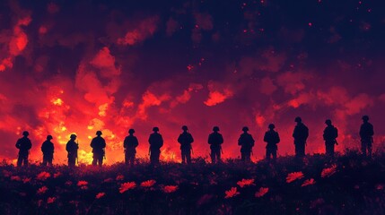 Fototapeta premium Silhouetted human figures stand in a row against a stunning sunset, casting long shadows on the ground.