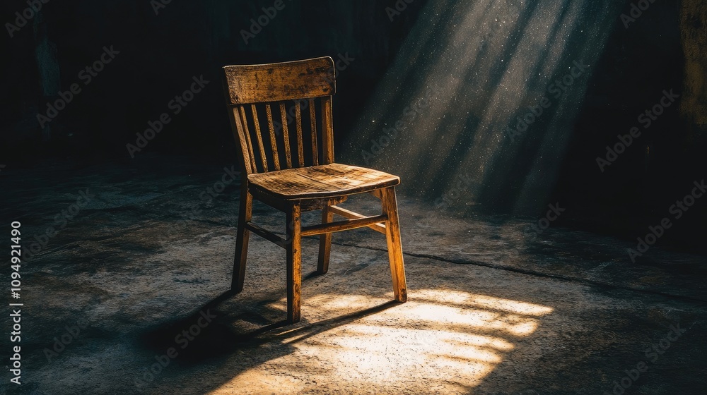 Poster a rustic wooden chair illuminated by soft sunlight rays in an empty room creating a serene and isola