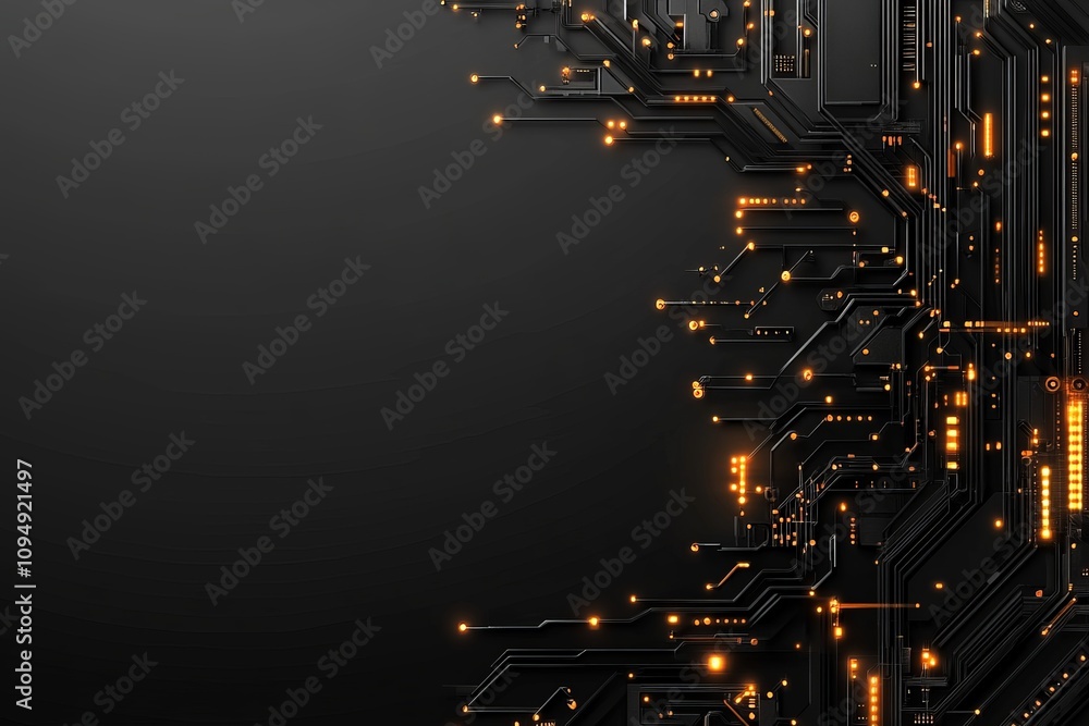 Poster this image features a sleek circuit board pattern on a dark background, highlighted by glowing orang