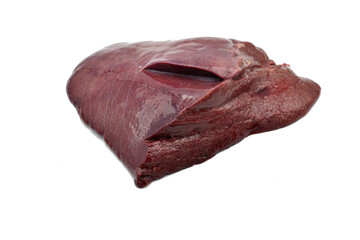 A piece of pork liver ready for cooking lies on a white background.
