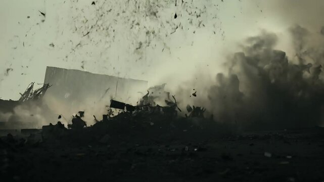 Handheld tracking video, harsh lighting, post-apocalyptic atmosphere. the video follows a trail of smoke that erupts into an explosion