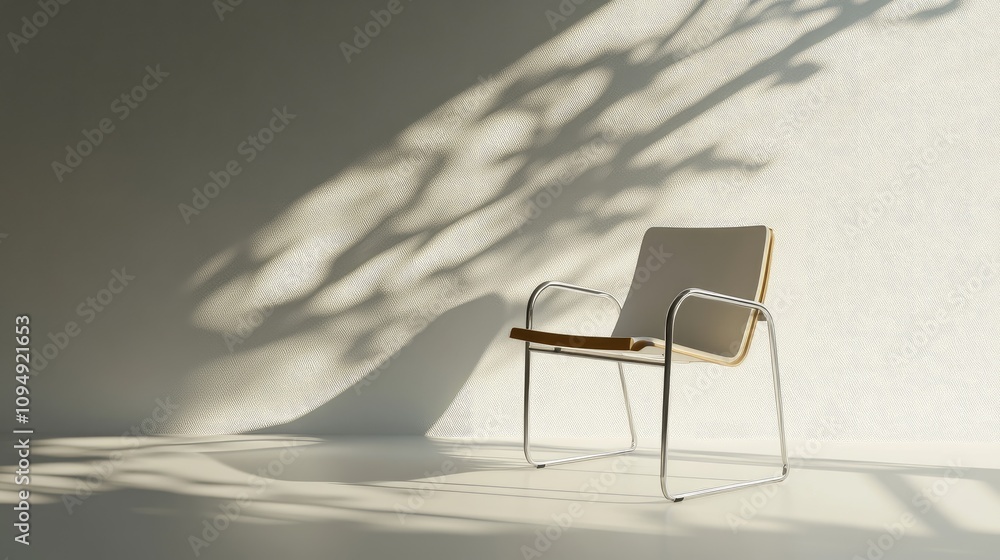 Poster minimalist chair in modern space with soft natural light creating shadow patterns on the wall and fl