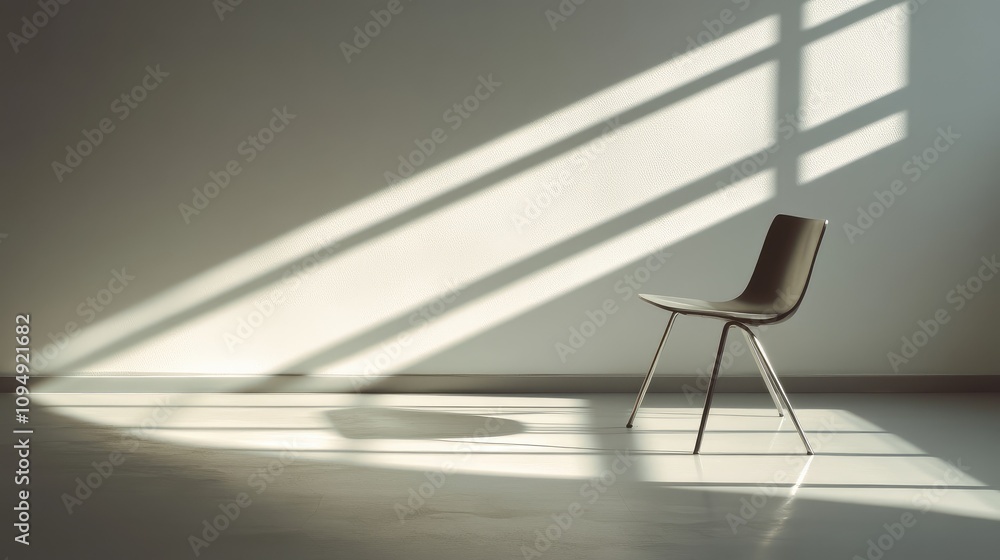 Poster minimalist design with a single chair in an empty room highlighted by natural light and long shadows