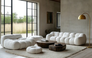 White modular sofa and armchairs in a modern living room with large windows.