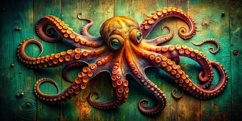 Fototapeta premium Captivating Vintage-Style Photography of an Octopus Showcasing Vibrant Colors Against a Rustic Background for Marine Life Enthusiasts and Art Collectors