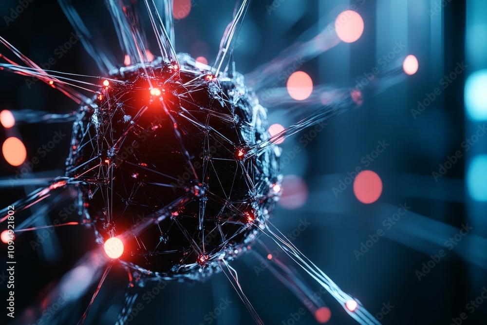 Poster A futuristic image of a glowing spherical object with interconnected red and blue lights, suggesting a network or neural structure concept.