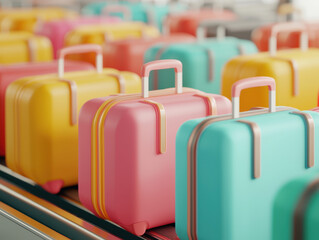 Fototapeta premium conveyer belt airport baggage equipment. Colorful suitcases on baggage belt, vibrant designs