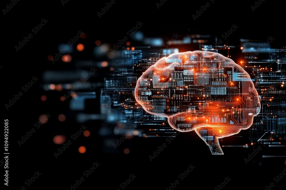 Poster a digital representation of a brain integrated with circuit patterns and glowing lights, symbolizing
