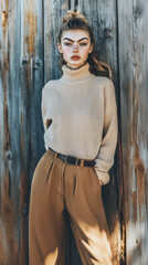 Fototapeta premium A serene young woman in a ribbed turtleneck and high-waisted trousers leans against a rustic wooden wall, blending earthy tones with soft, natural elegance. 