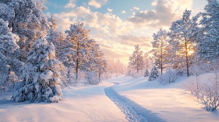 Obraz premium Snow-covered romantic winter landscape scene with low light.