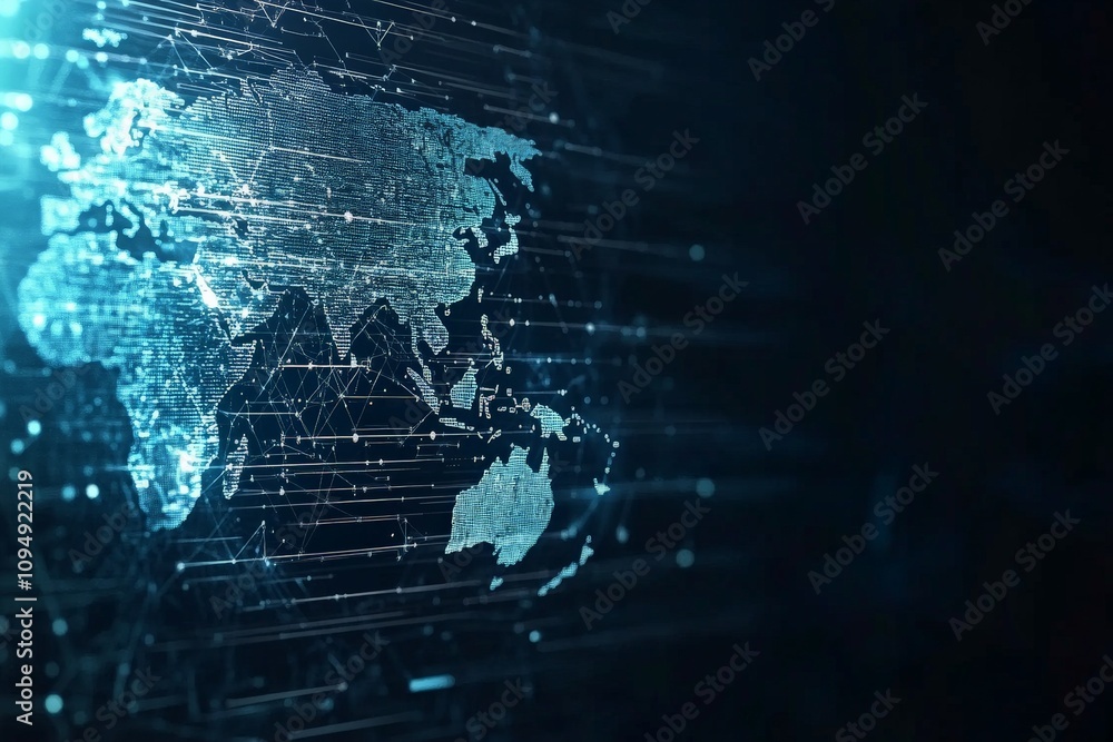 Poster a futuristic digital map of the world, illuminated with glowing lines and network patterns, illustra