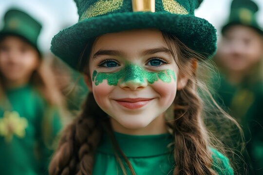 A young girl dressed in green with her face painted like a leprechaun, surrounded by other children wearing the same costume and celebrating St. Patrick's Day at an outdoor event