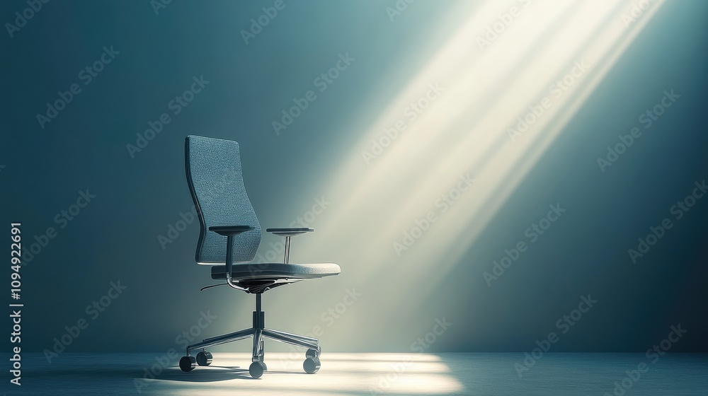 Poster modern ergonomic office chair bathed in soft light with rays streaming through a darkened space, cre