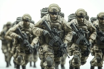 Obraz premium Camouflaged soldiers advance, rifles ready.