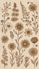 Handdrawn wildflowers in sepia tones delicate and vintageinspired