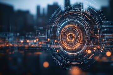 A glowing digital interface overlaying a futuristic cityscape, merging technology and urban life in a seamless vision of connectivity and virtual reality.