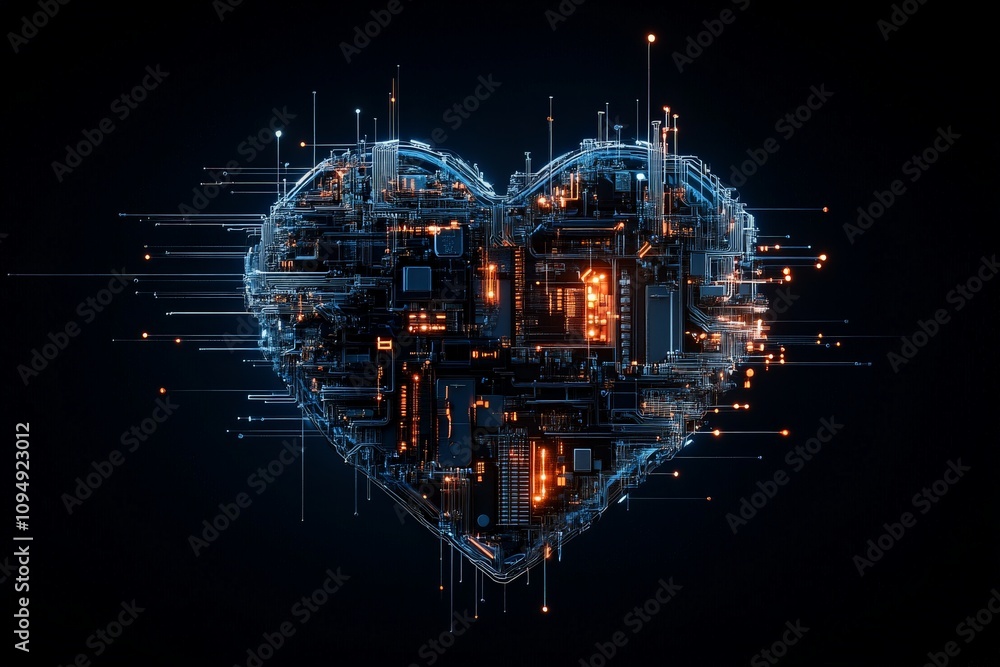 Poster a heart-shaped circuit board with glowing lights, blending the concepts of technology and emotion, s