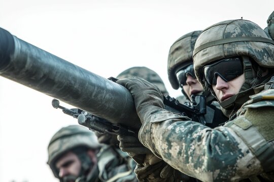 Soldiers aiming large-caliber weapon, military operation.