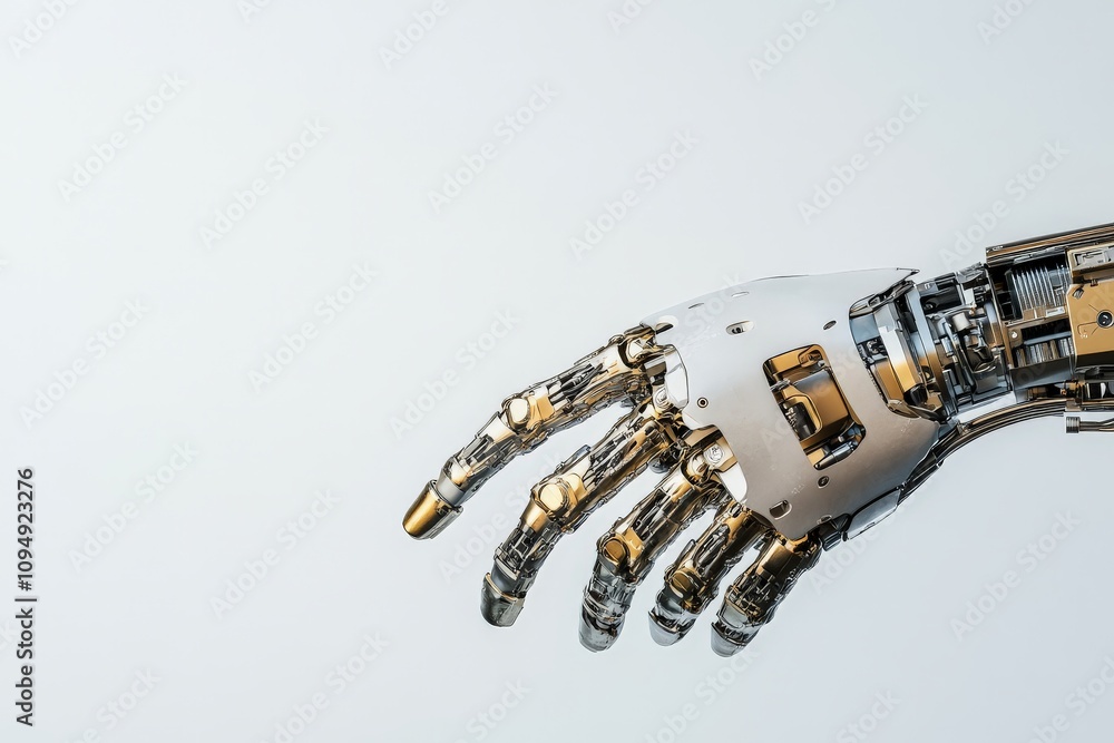 Poster a detailed close-up of a robotic hand extending forward, capturing the essence of technological adva