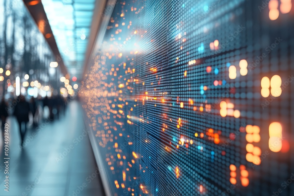 Poster a dynamic digital data flow illustrated over a bustling street, symbolizing the intersection of tech