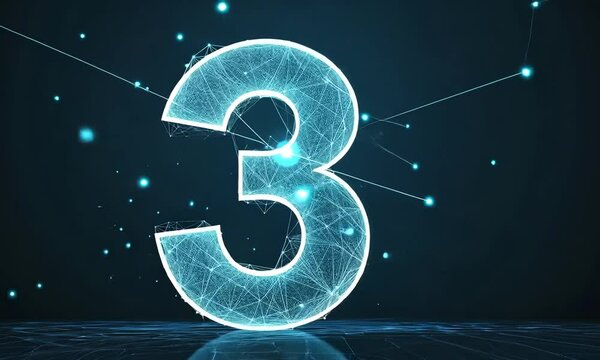Number three text. Low poly wireframe illustration on technology blue background. Copy paste area for text and brand. Low poly wireframe video background.