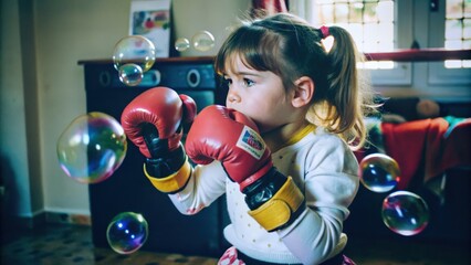 Fototapeta premium A Young Girl Wearing Boxing Gloves with Bubbles Floating Around Her
