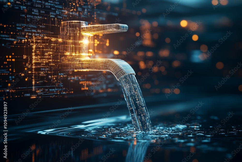 Poster a futuristic digital faucet pouring streams of data, symbolizing the flow of information in the inte
