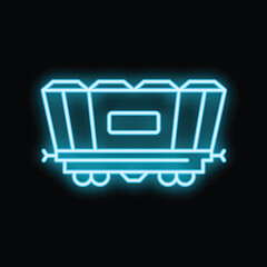 Blue neon icon of a train cart glowing against a dark background