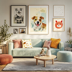Vibrant pet-themed living room design cozy apartment interior decor modern lifestyle warm and inviting atmosphere home comforts