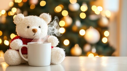A cozy teddy bear sits with a steaming mug in front of a beautifully decorated Christmas tree, creating a warm holiday atmosphere.
