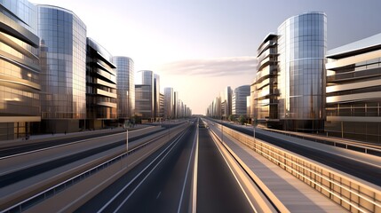 Fototapeta premium A modern urban landscape featuring sleek glass buildings and a wide road.