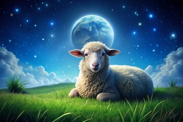 Cartoon Sheep Relaxing Under Bright Moonlight in a Grassy Field at Night with Stars Twinkling Above, Peaceful and Dreamy Atmosphere for Whimsical Imagery