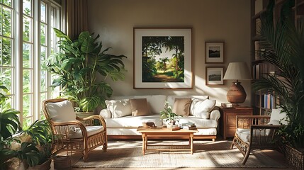 Fototapeta premium Cozy living room oasis with lush plants home interior decor warm lighting
