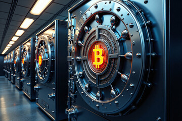 Rows of heavy steel vault holding bitcoin crypto, high security storage, in an underground treasury facility. Government, company strategic bitcoin reserve. Securing cryptocurrency offline. Concept.