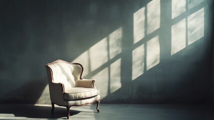 Elegant vintage armchair in a softly lit room with shadow patterns created by large windows, showcasing a blend of classic design and modern aesthetic appeal.