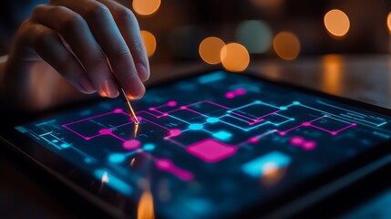 Naklejka premium Interactive Flowchart on Digital Tablet Screen 