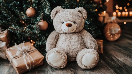 A cozy teddy bear sits among Christmas decorations and gifts, creating a warm holiday atmosphere.