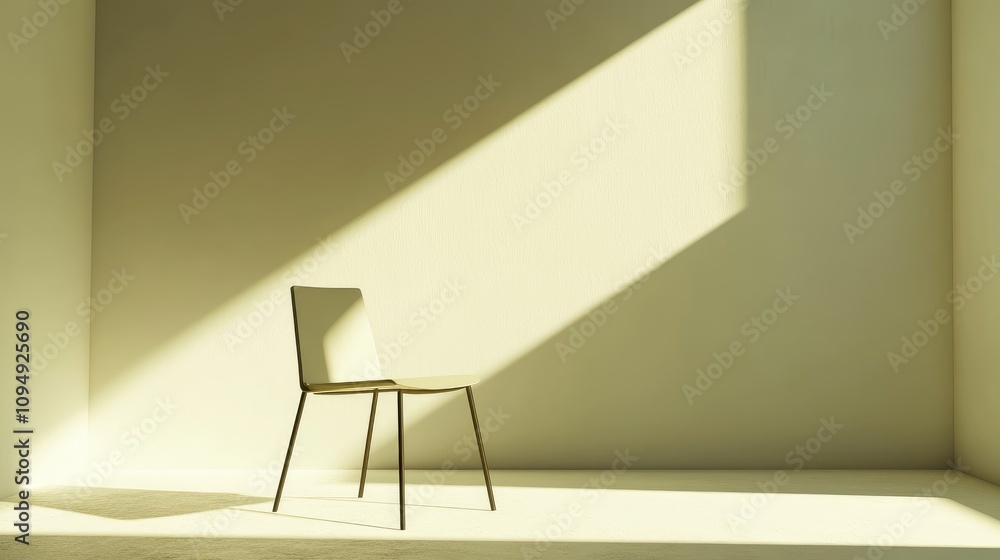 Poster minimalistic design of an empty room with a chair bathed in soft natural light and casting shadows o