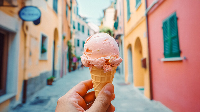 Peach ice cream scoop in a cone in hand. A person on an old Italian town street on a sunny day. Traveller adventure. Summertime refreshing sweet.