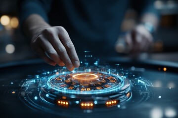 Obraz premium A person's hand interacts with a futuristic holographic interface, showcasing advanced technology and communication tools in a virtual environment.