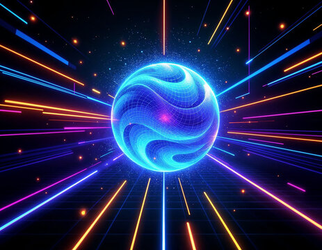 esfera de neutrones con luces de neon y el fondo del universo