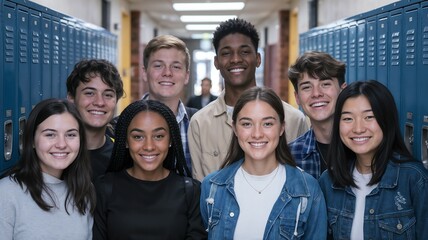 Obraz premium A diverse group of high school students standing in front of lockers. Multicultural, diverse children, open education, international school. 
