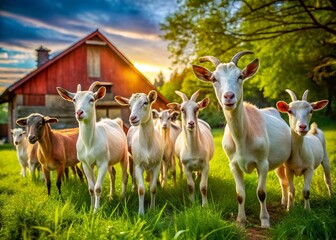 Fototapeta premium Charming Candid Moments of Goats Grazing Freely on a Farm, Capturing Their Playful Nature and Rustic Farm Setting in a Lush Green Environment