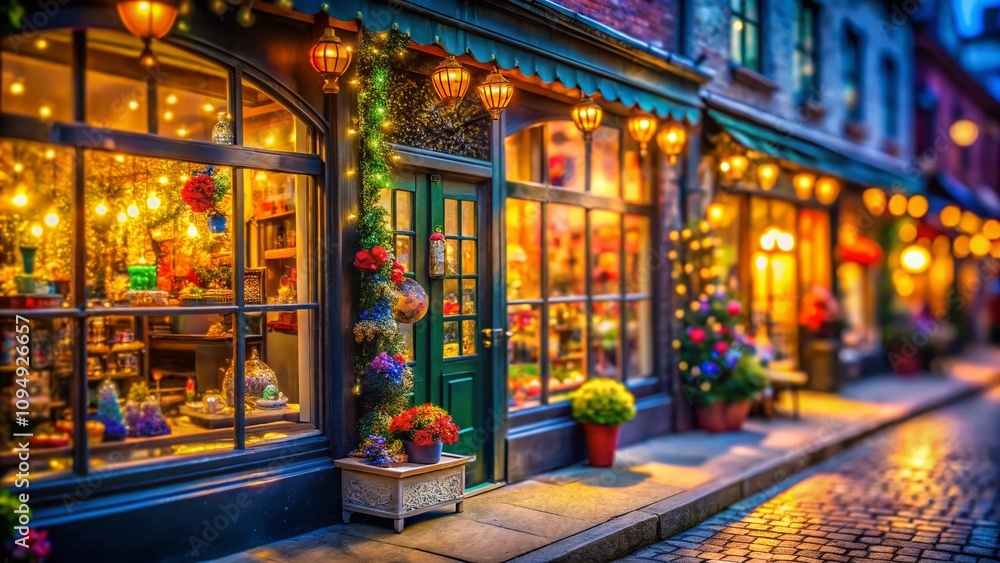 Poster charming cute storefront with bokeh effect showcasing colorful displays and inviting atmosphere, per
