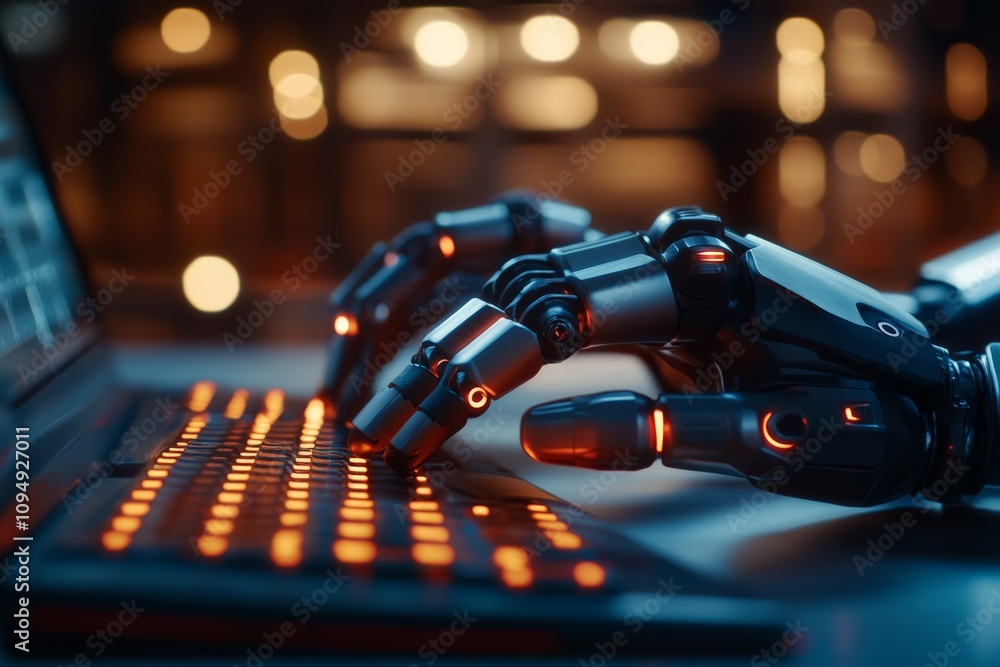 Poster robotic hands skillfully operate a glowing keyboard, emphasizing the blending of technology and huma
