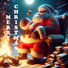 Funny Santa Claus with smore, marshmallow. Christmas card, JPG